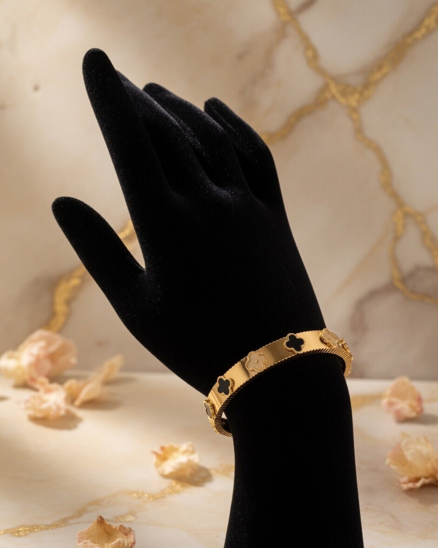 Black Enamel Four Leaf Clover adjustable Bracelet