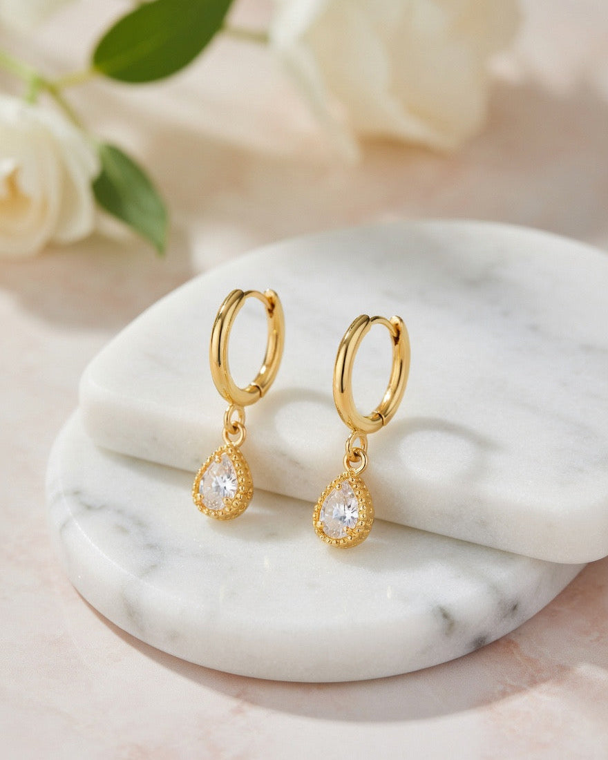 Golden Teardrop Charm Huggie Earrings