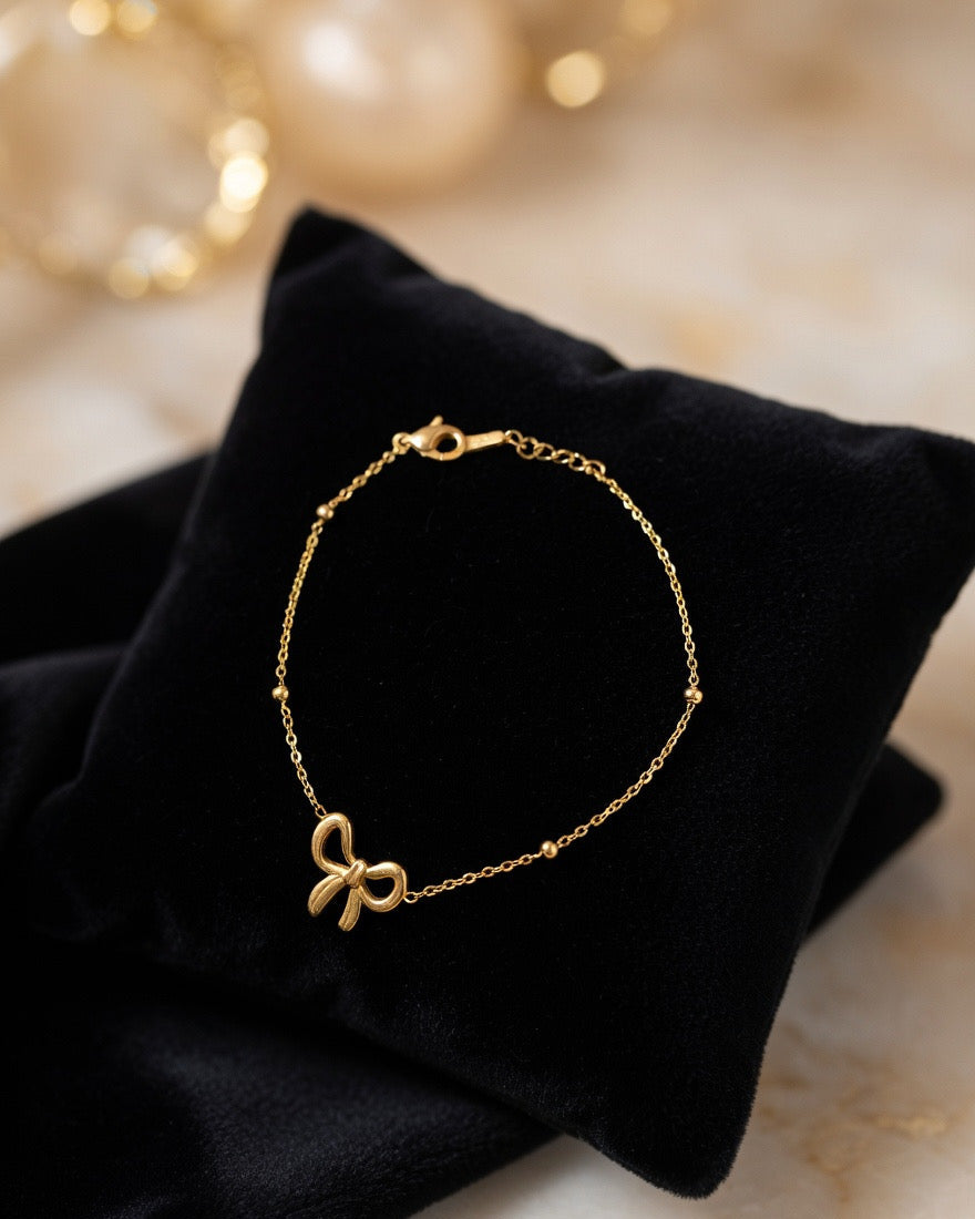 Dainty Gold Bow Charm Bracelet with Beaded Chain