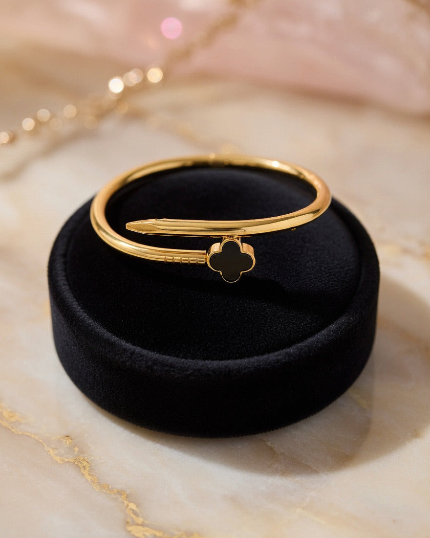 Black Enamel Nail Clover Adjustable Bracelet