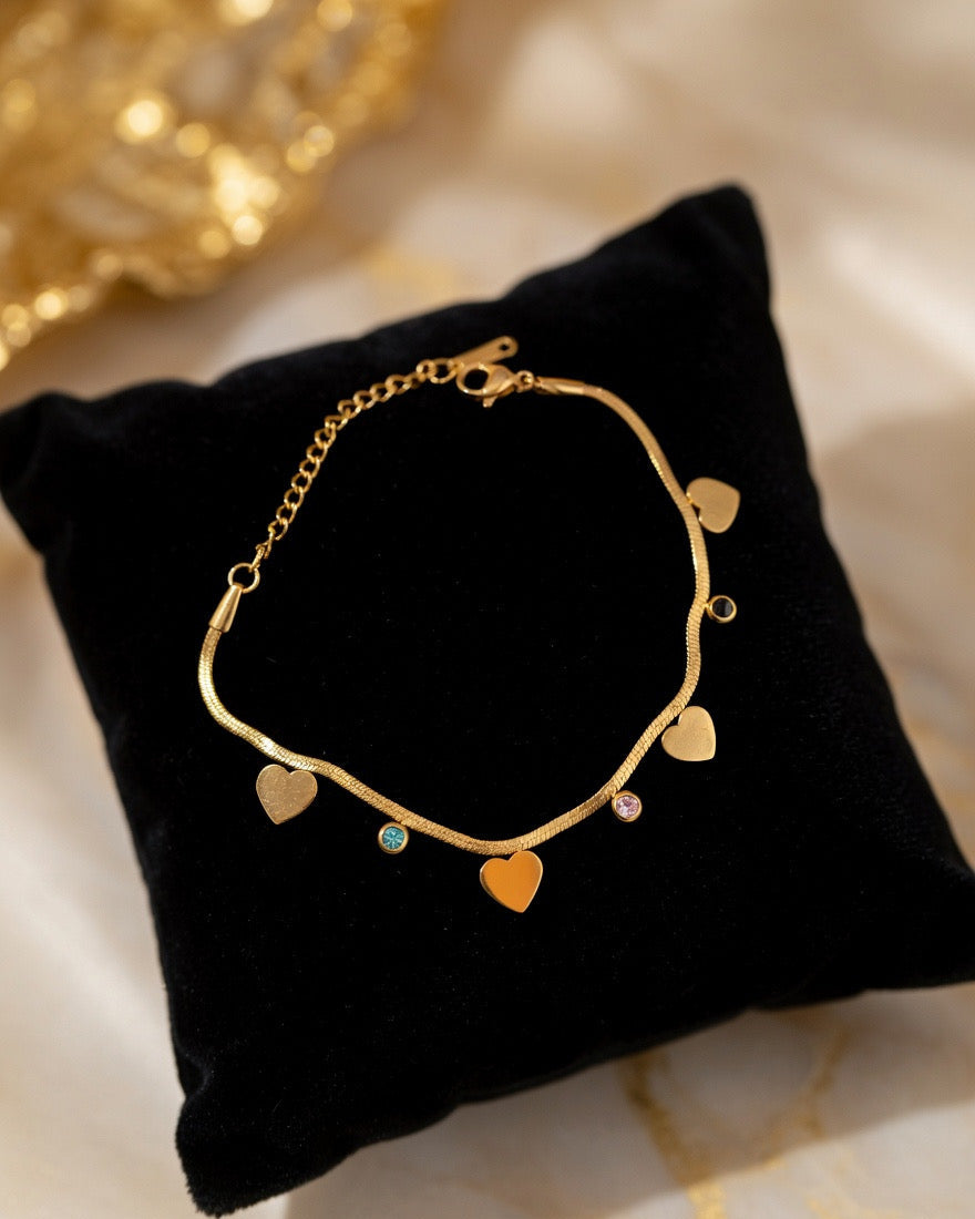 Snake Chain Heart Charm Bracelet with Colorful CZ Stones