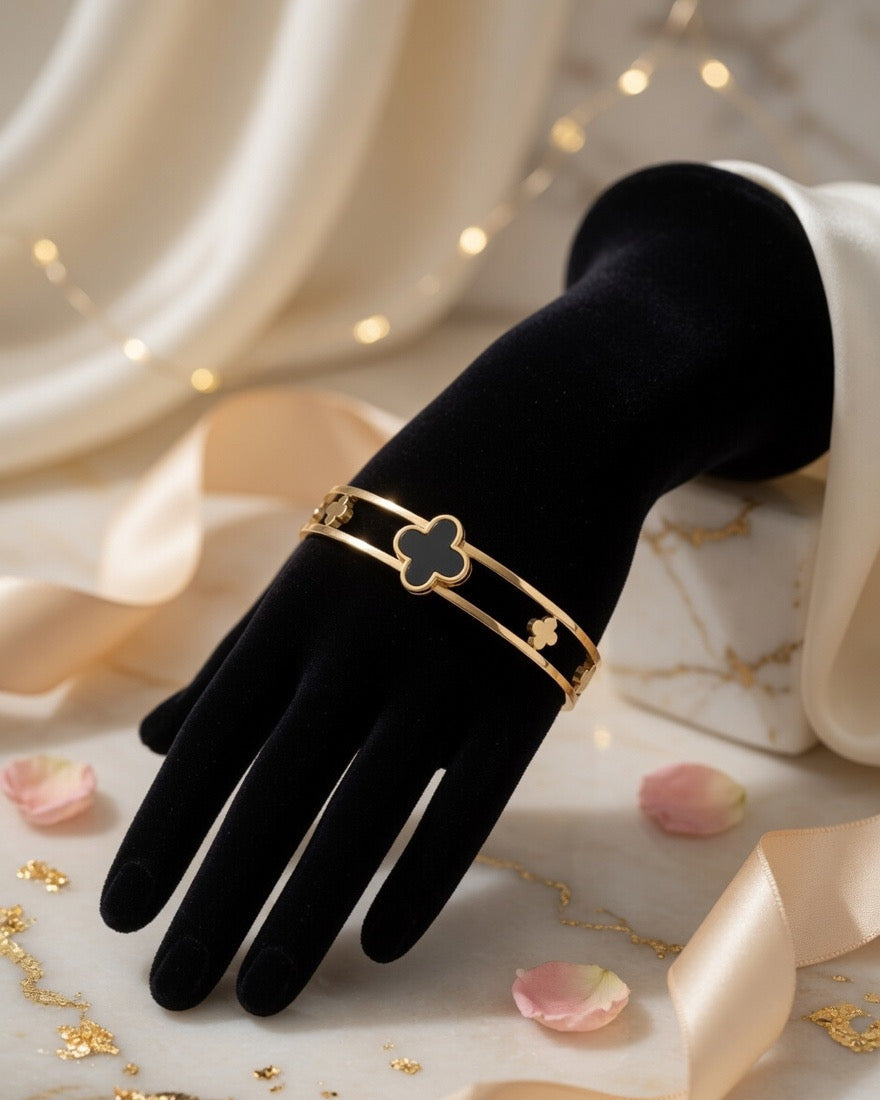 Black Enamel Four Leaf Clover Adjustable Bracelet