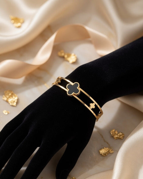 Black Enamel Four Leaf Clover Adjustable Bracelet