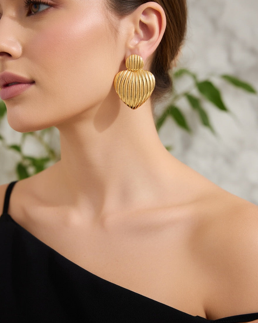 Golden Ribbed Heart Stud Earrings