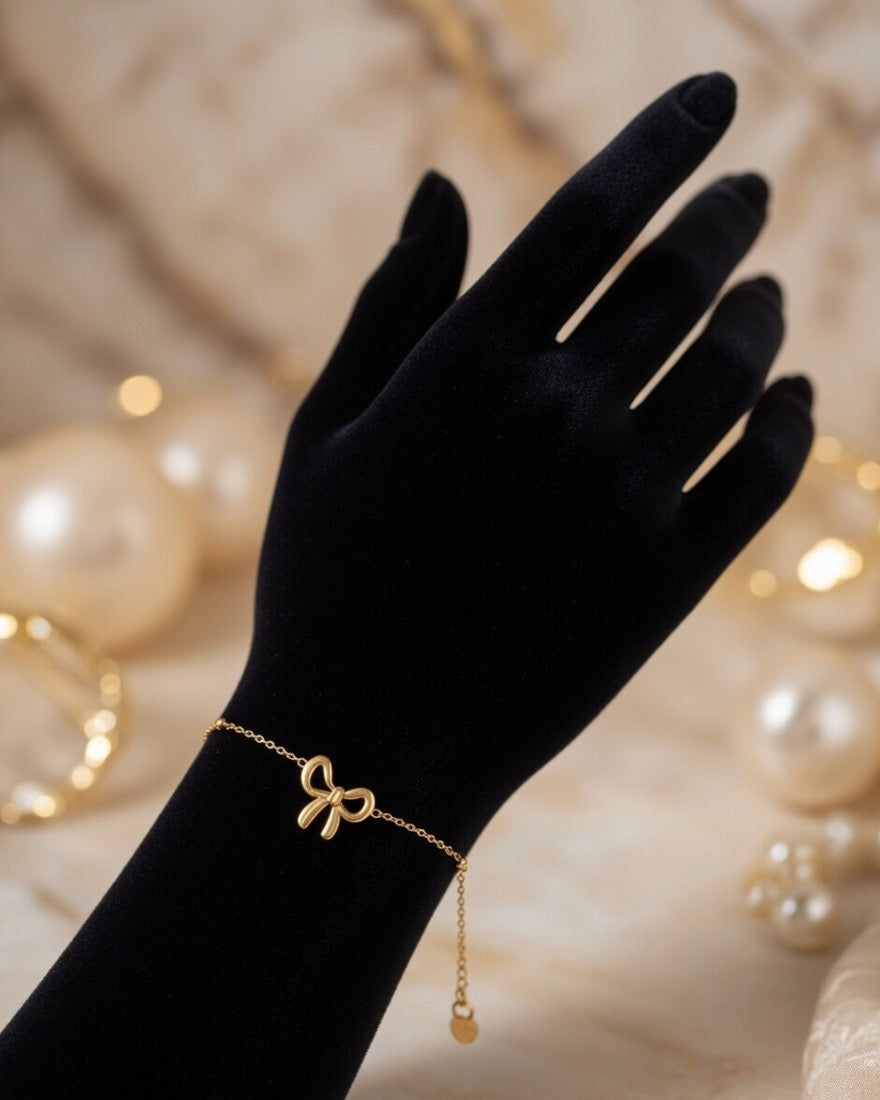 Dainty Gold Bow Charm Bracelet with Beaded Chain