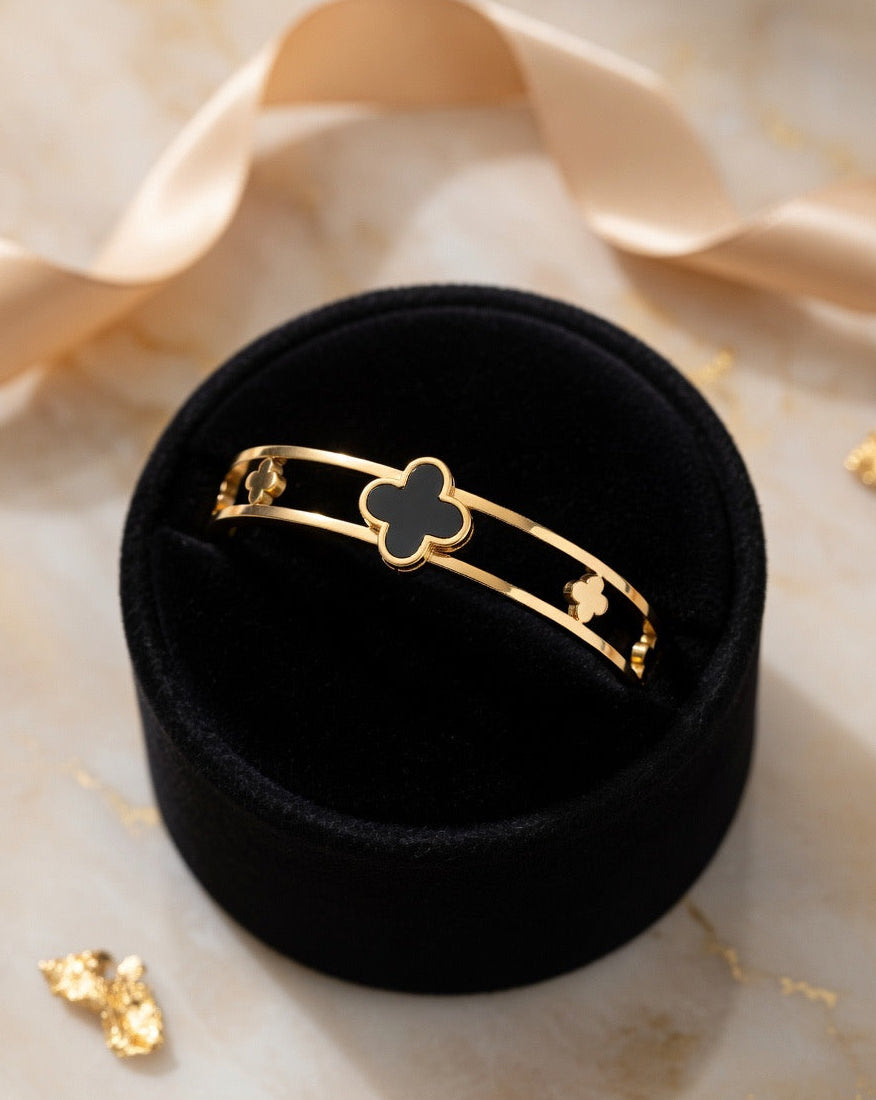Black Enamel Four Leaf Clover Adjustable Bracelet