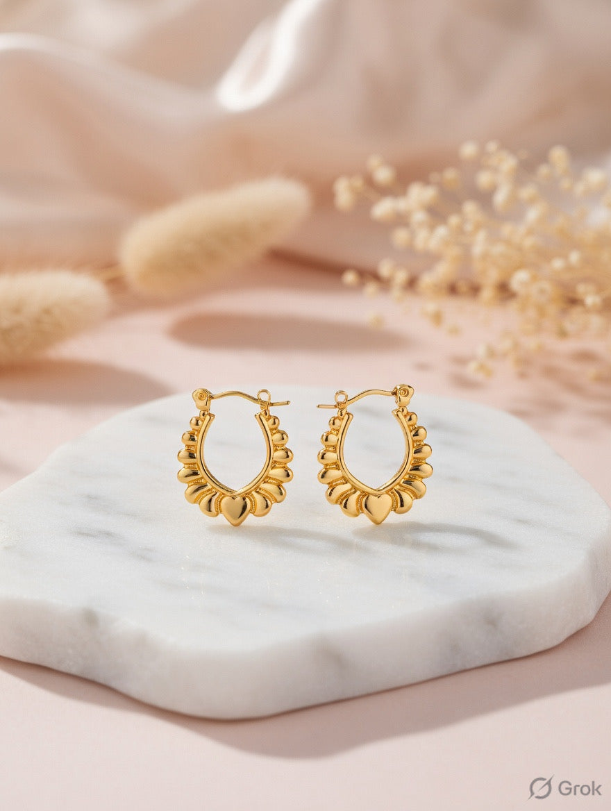 Golden Heart Charm Hoop Earrings