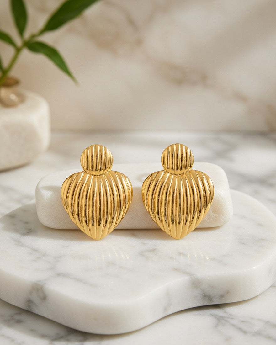 Golden Ribbed Heart Stud Earrings