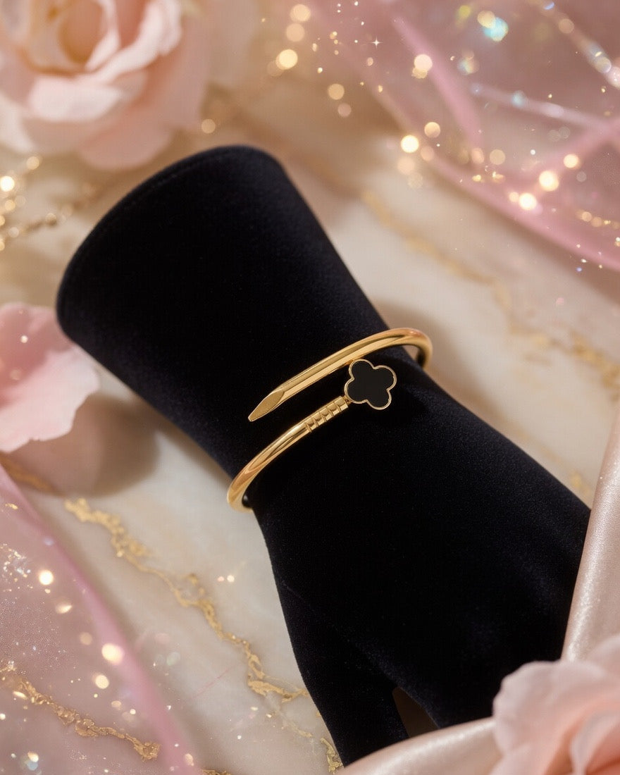 Black Enamel Nail Clover Adjustable Bracelet