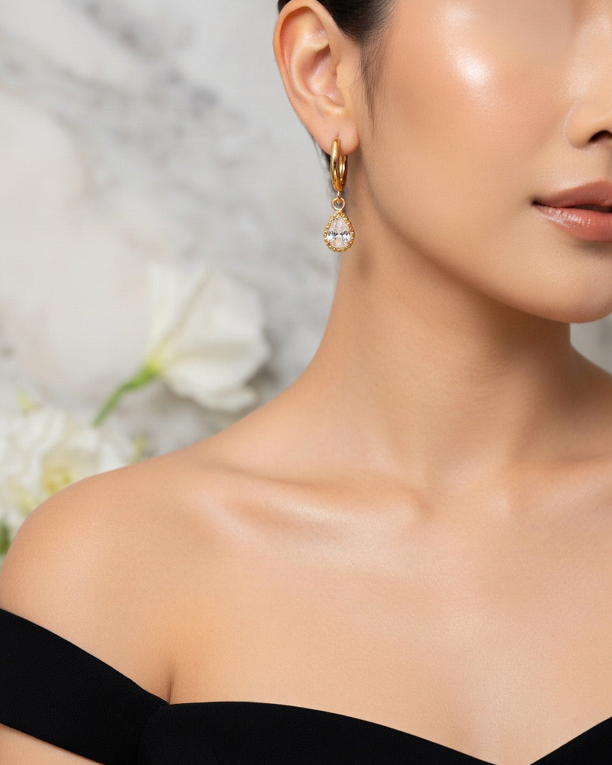 Golden Teardrop Charm Huggie Earrings