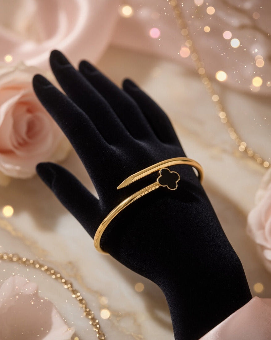 Black Enamel Nail Clover Adjustable Bracelet
