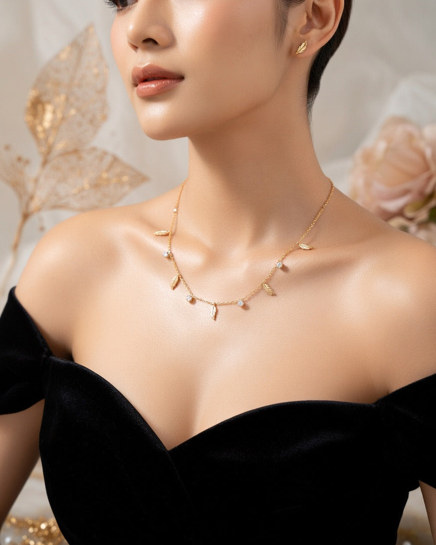 Delicate Leaf Charm Gold-Plated Necklace Set