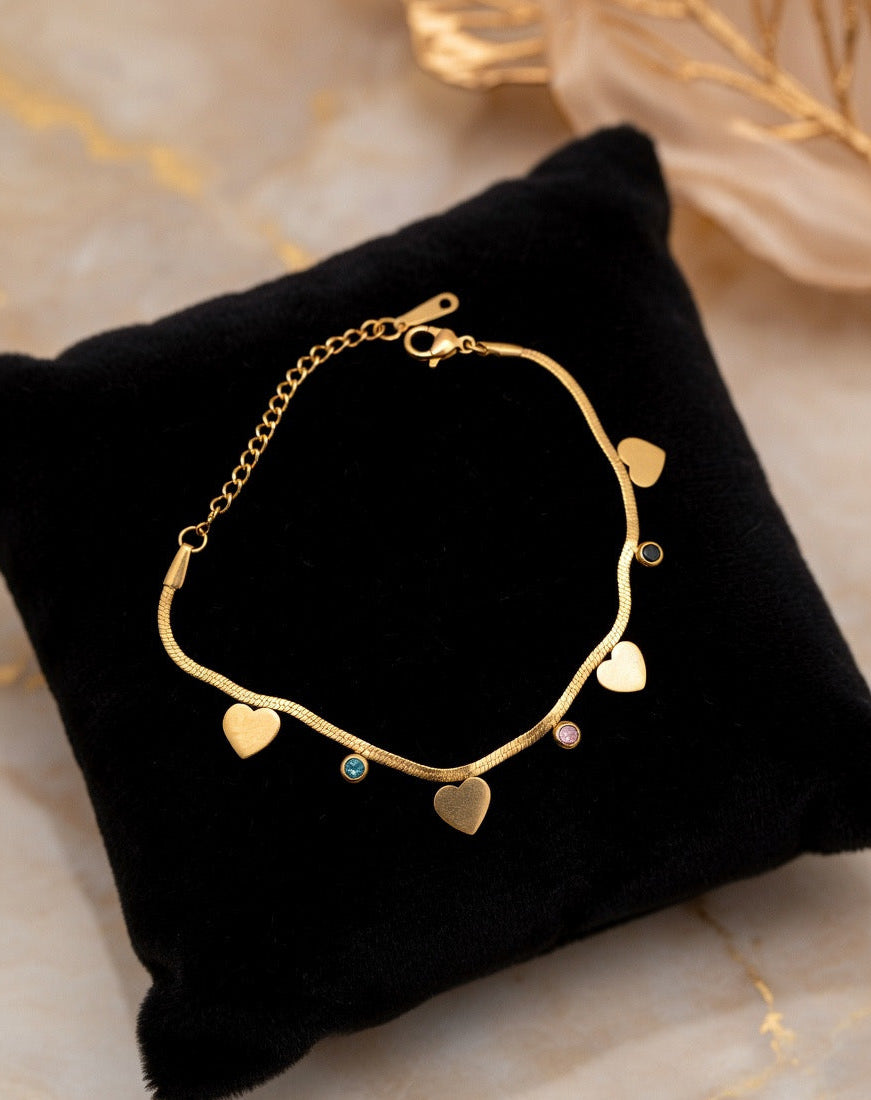 Snake Chain Heart Charm Bracelet with Colorful CZ Stones