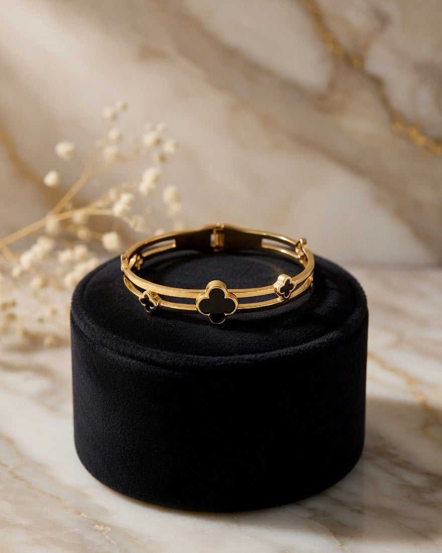 Black Enamel Four Leaf Clover Adjustable Bracelet
