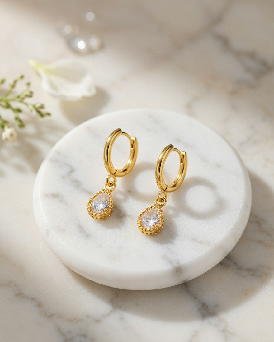 Golden Teardrop Charm Huggie Earrings