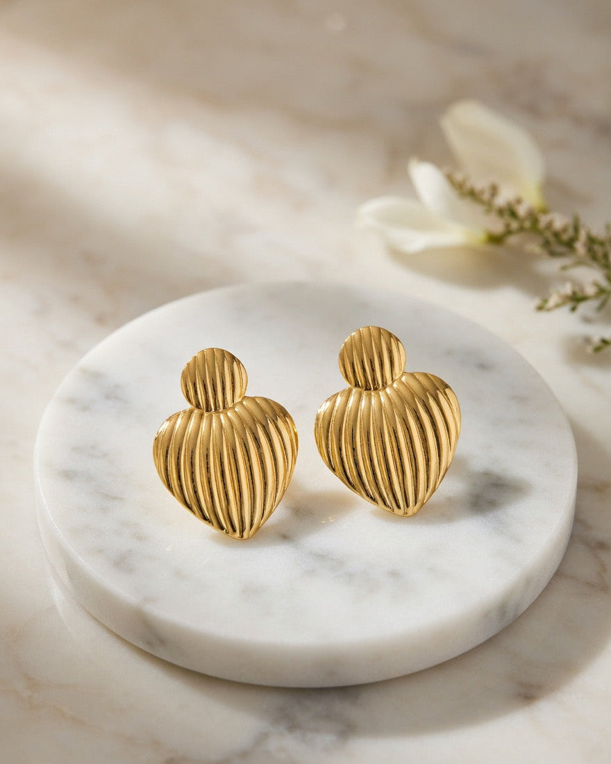 Golden Ribbed Heart Stud Earrings