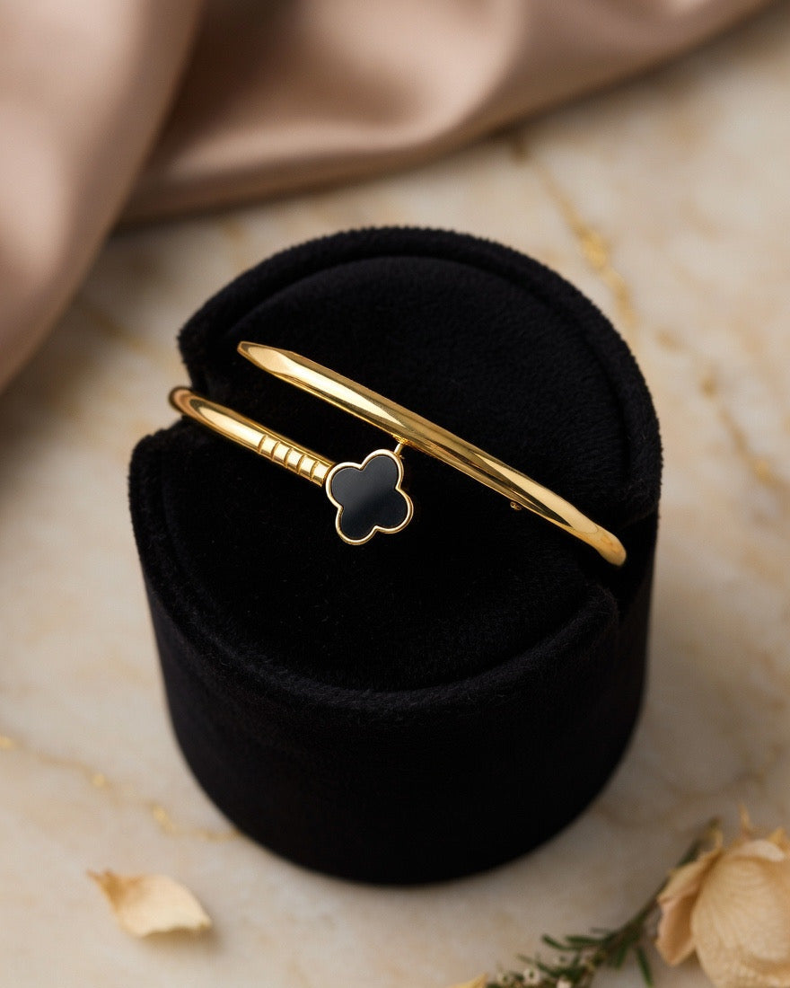 Black Enamel Nail Clover Adjustable Bracelet