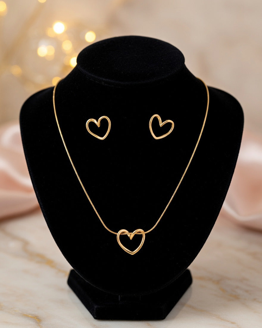 Romantic Gold Plated Heart Necklace & Earring Set
